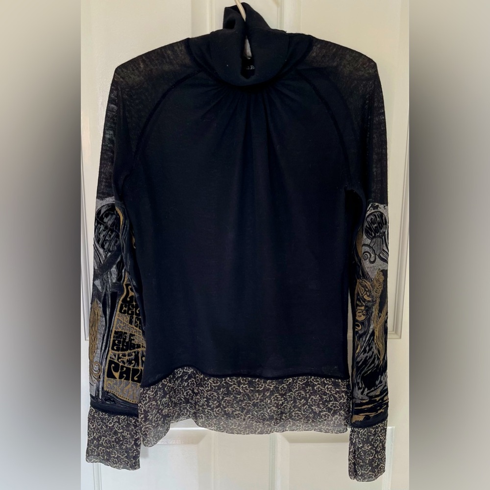Jean Paul Gaultier black sheer wool turtleneck, silk trim. Velvet tattoo. Sz S